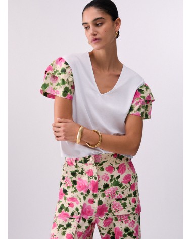 T-shirt  à volants LIU JO blanc et imprimé roses LIU JO - 1